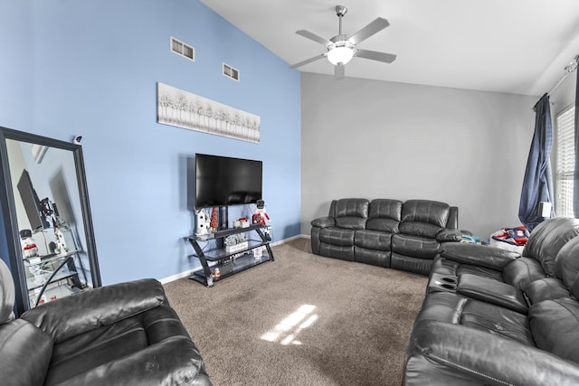 living room featuring carpet floors, baseboards, visible vents, and ceiling fan