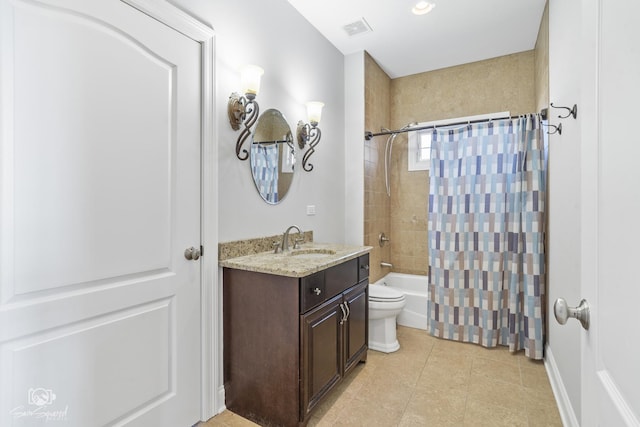 full bathroom featuring shower / bath combo, visible vents, toilet, tile patterned flooring, and vanity