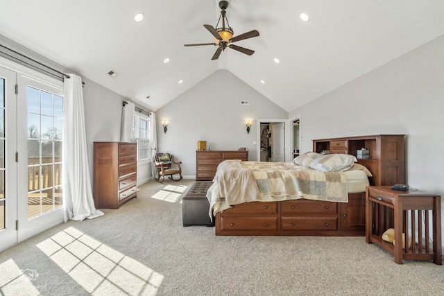 bedroom featuring light carpet, visible vents, access to outside, vaulted ceiling, and recessed lighting