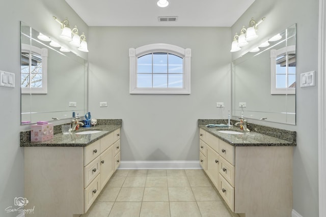 bathroom featuring two vanities, a sink, visible vents, and tile patterned floors