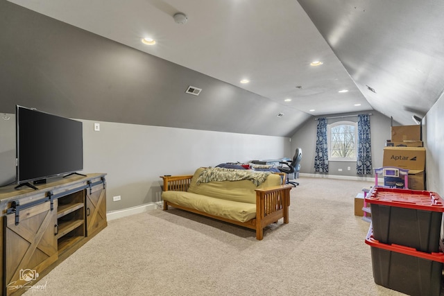 carpeted bedroom featuring recessed lighting, visible vents, vaulted ceiling, and baseboards