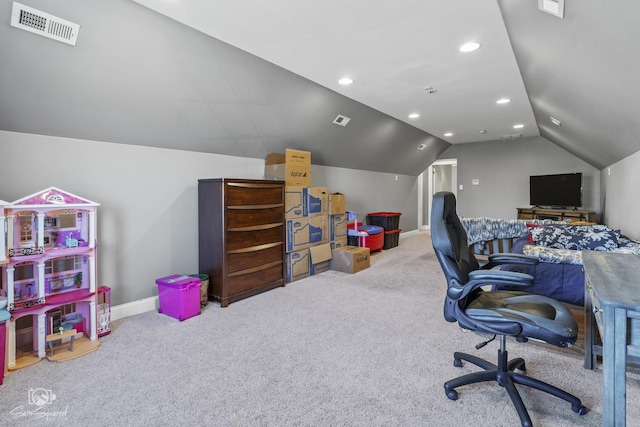 office featuring carpet, recessed lighting, visible vents, vaulted ceiling, and baseboards