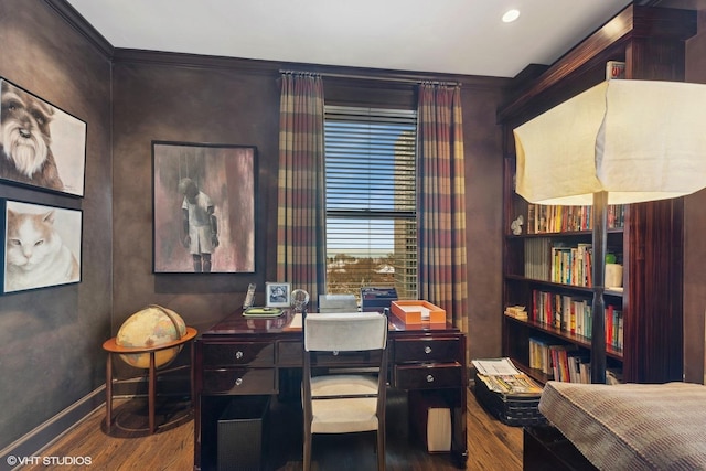 office area with dark wood-type flooring and baseboards