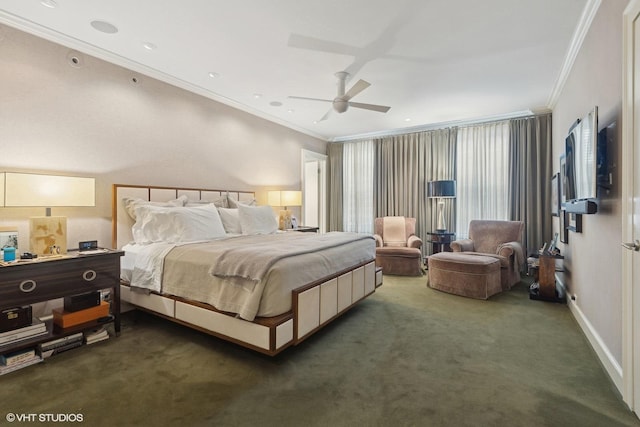 bedroom with carpet floors, ornamental molding, baseboards, and ceiling fan