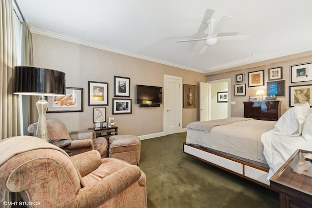 carpeted bedroom with a ceiling fan, crown molding, and baseboards