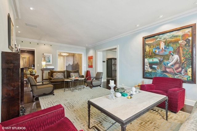 living area featuring ornamental molding, recessed lighting, baseboards, and wood finished floors