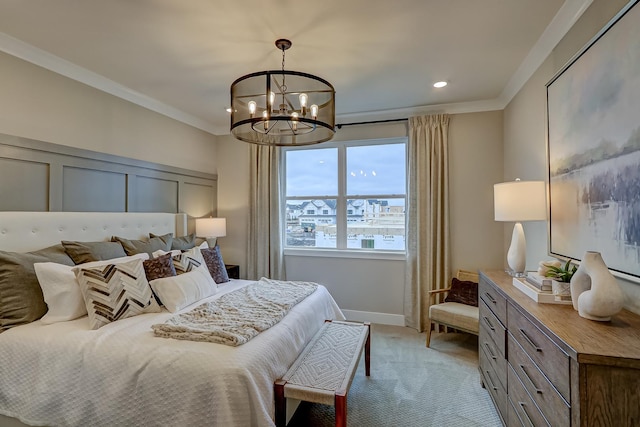 bedroom featuring ornamental molding, light carpet, and a chandelier