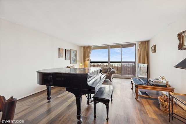 miscellaneous room featuring expansive windows and hardwood / wood-style floors