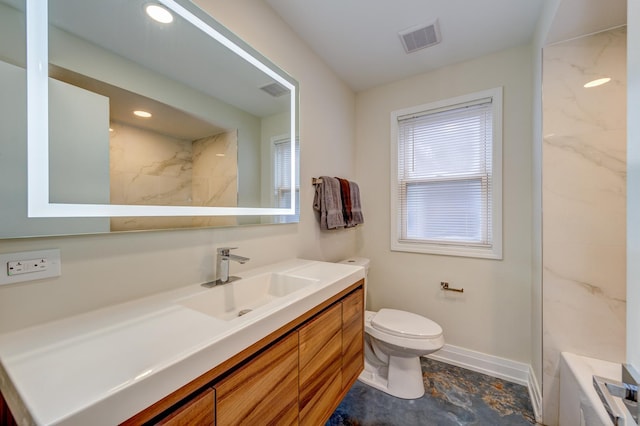 bathroom featuring walk in shower, vanity, and toilet