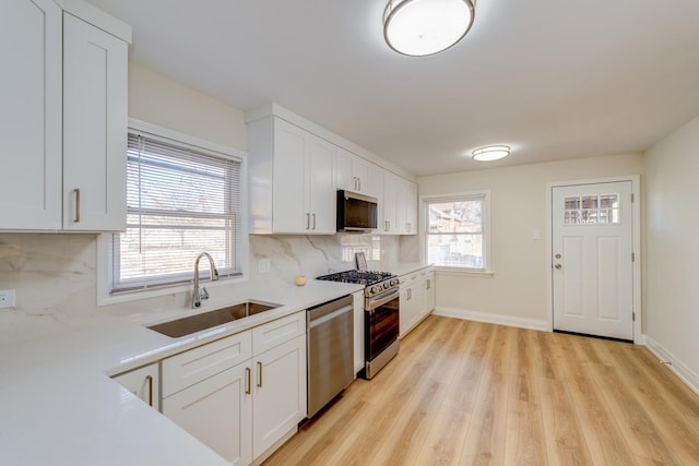 kitchen featuring sink, appliances with stainless steel finishes, white cabinetry, tasteful backsplash, and light wood-type flooring