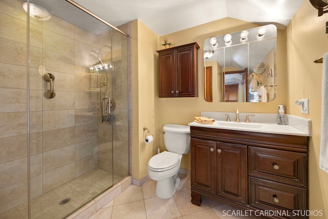 full bath with tile patterned flooring, a shower stall, toilet, and vanity