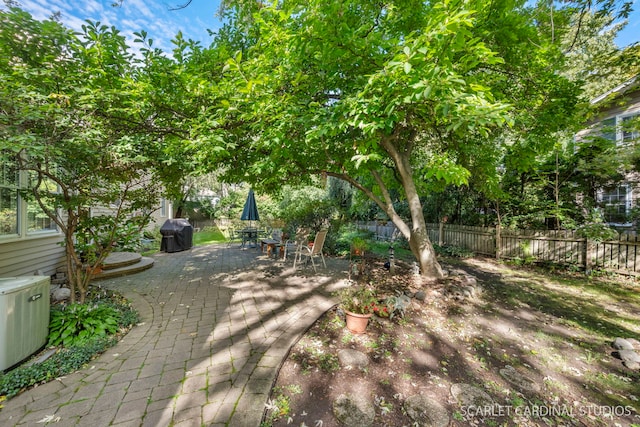 view of patio / terrace featuring fence private yard, central AC, and grilling area