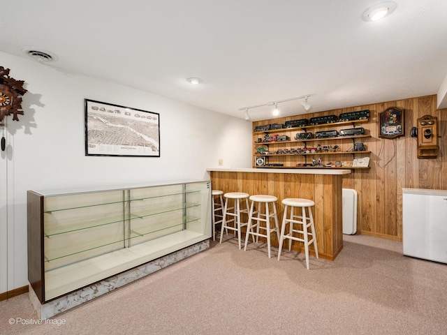 bar with light carpet, wooden walls, and track lighting