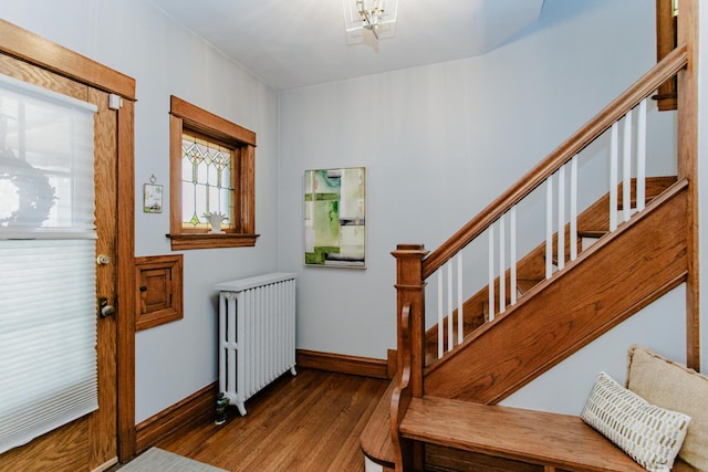 foyer entrance featuring radiator heating unit and hardwood / wood-style floors