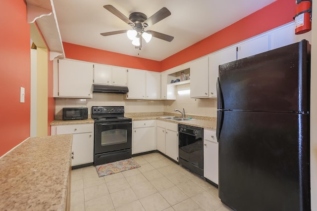 kitchen with sink, ceiling fan, white cabinetry, backsplash, and black appliances