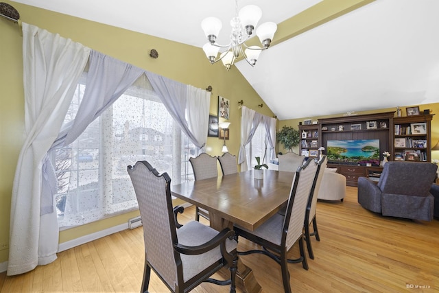 dining area with lofted ceiling, a notable chandelier, and light hardwood / wood-style floors