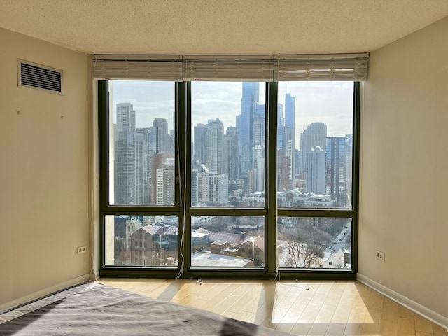 doorway featuring a wall of windows, a textured ceiling, and light wood-type flooring