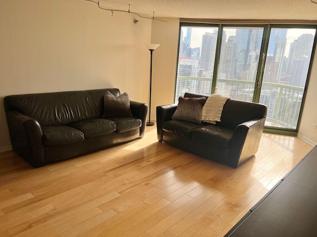 living room with a wall of windows, a textured ceiling, and light wood-type flooring