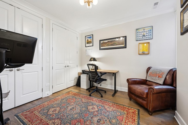 office space with wood-type flooring