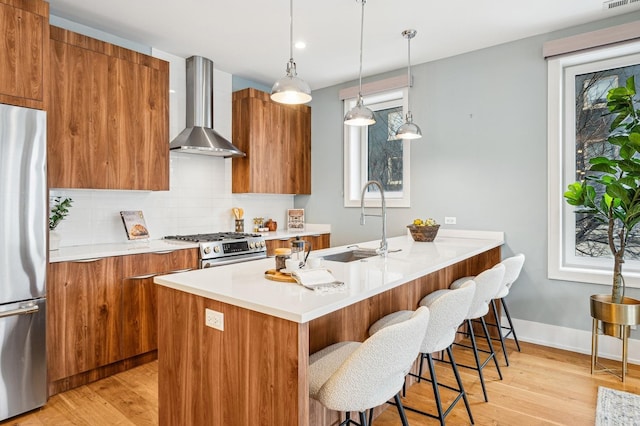 kitchen with sink, light hardwood / wood-style flooring, appliances with stainless steel finishes, decorative light fixtures, and wall chimney exhaust hood