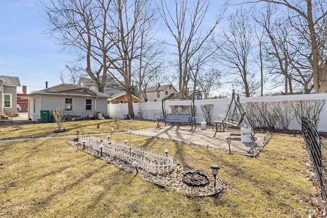 view of yard with a fenced backyard, cooling unit, and a patio