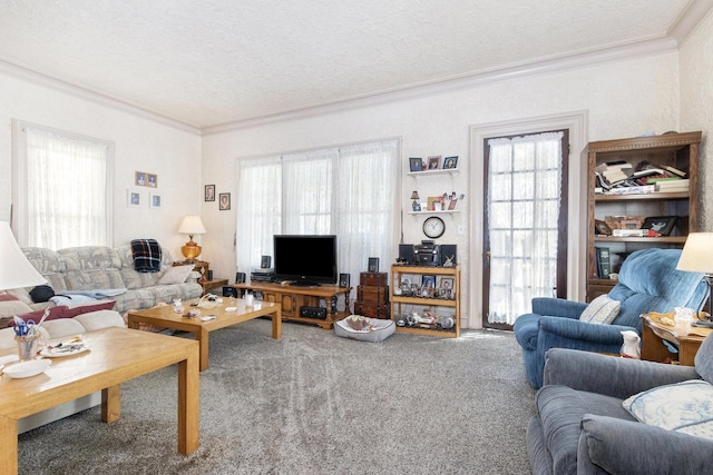 living area with a textured ceiling, crown molding, and carpet floors