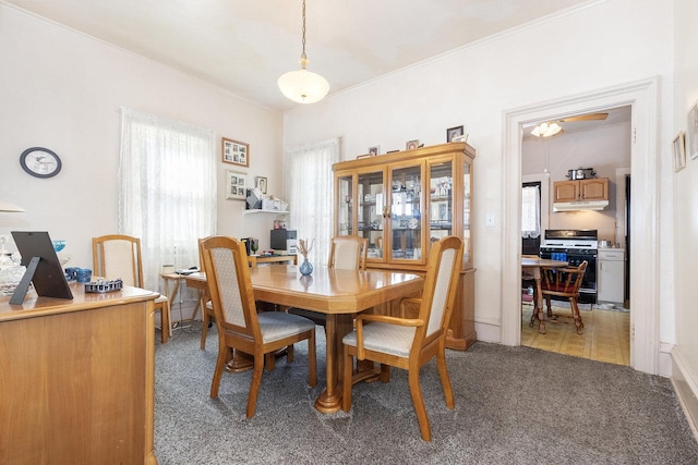 dining room featuring light colored carpet and crown molding