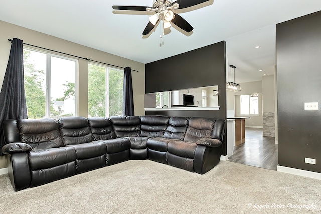 living room with hardwood / wood-style flooring and ceiling fan