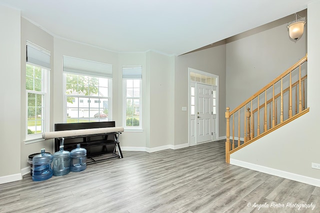 foyer entrance with crown molding and hardwood / wood-style floors