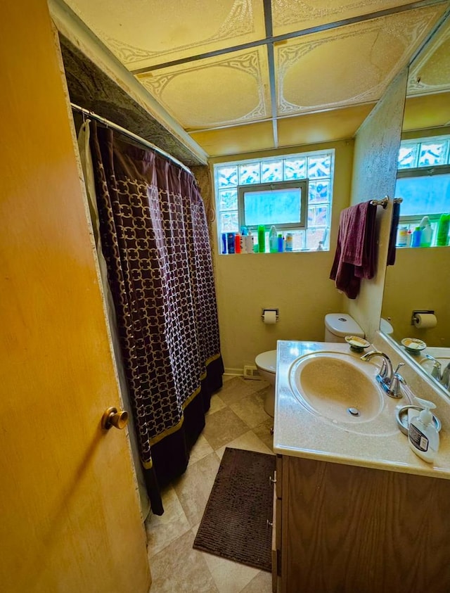 bathroom with vanity, toilet, and a shower with shower curtain