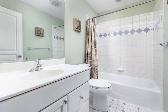 full bathroom featuring toilet, visible vents, vanity, and shower / bathtub combination with curtain