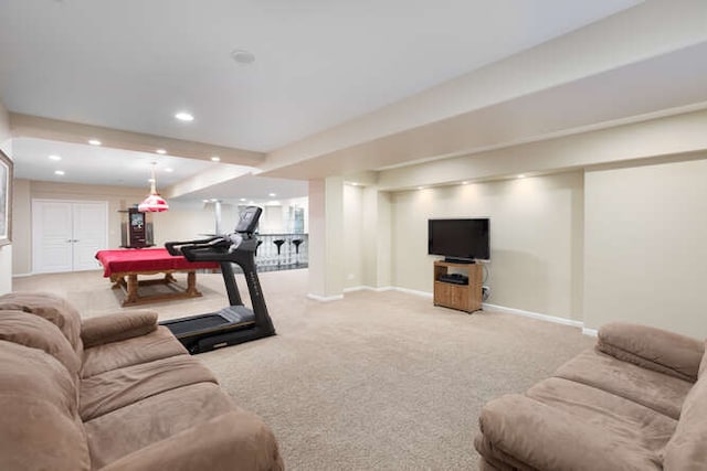 living area with recessed lighting, carpet, baseboards, and pool table