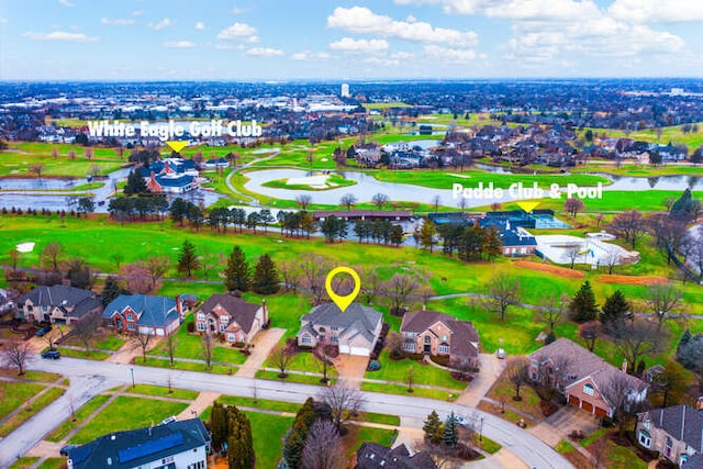 birds eye view of property with a water view and a residential view