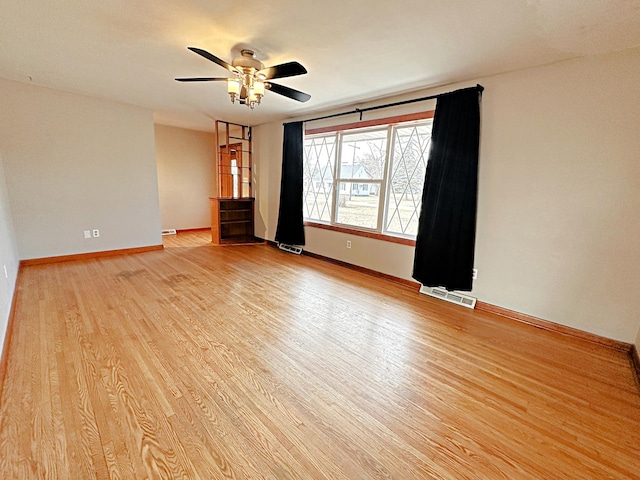 empty room featuring ceiling fan and light hardwood / wood-style floors