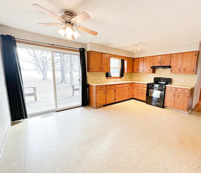 kitchen with ceiling fan, black gas stove, and sink