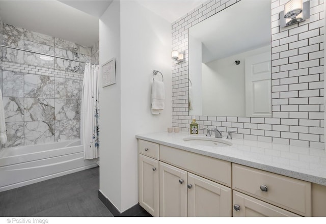 bathroom featuring shower / bath combination with curtain, vanity, tile patterned flooring, and decorative backsplash