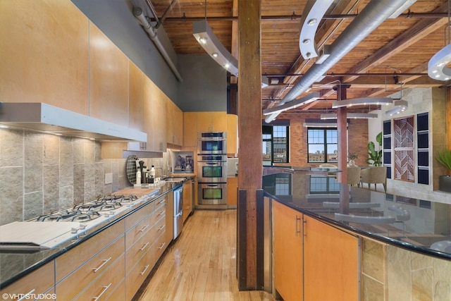 kitchen featuring stainless steel appliances, tasteful backsplash, a towering ceiling, dark stone counters, and light hardwood / wood-style floors