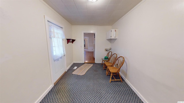 hallway with crown molding and carpet floors