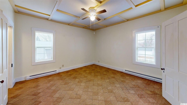 spare room with ceiling fan and baseboard heating