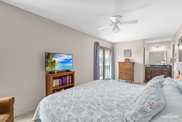 carpeted bedroom featuring ceiling fan and access to exterior