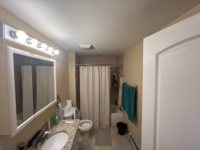 full bath featuring a baseboard radiator, toilet, shower / bath combo, vanity, and tile patterned flooring