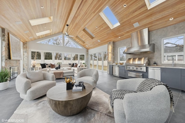 living room featuring sink, wood ceiling, high vaulted ceiling, and a skylight