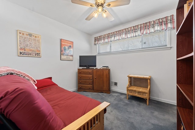 bedroom featuring visible vents, baseboards, carpet, and ceiling fan