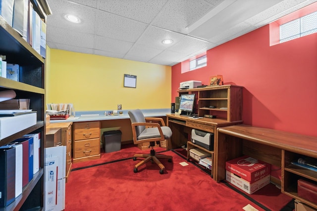 home office with recessed lighting, a paneled ceiling, and carpet flooring