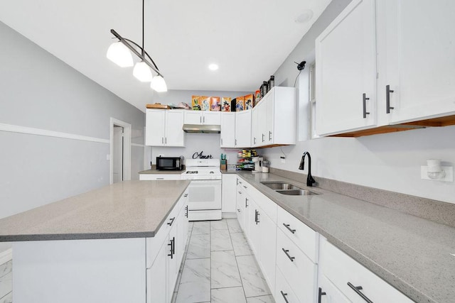 kitchen featuring sink, white cabinetry, hanging light fixtures, a kitchen island, and white range oven