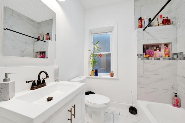 full bathroom with tiled shower / bath combo, vanity, and toilet