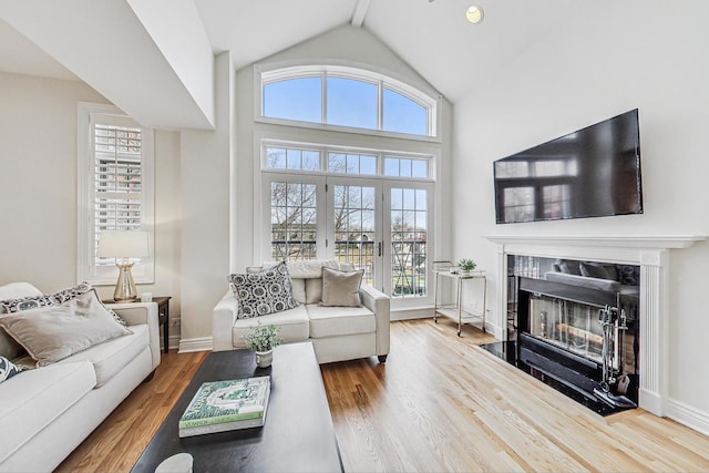 living room with high vaulted ceiling, hardwood / wood-style floors, and a high end fireplace