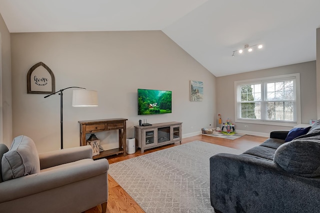 living room with wood-type flooring and vaulted ceiling