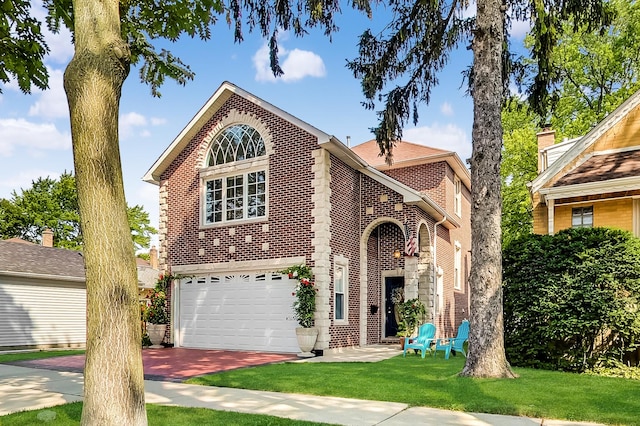 view of front property featuring a garage and a front lawn