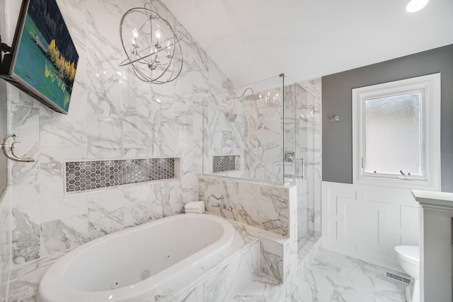 bathroom featuring toilet, independent shower and bath, and a chandelier